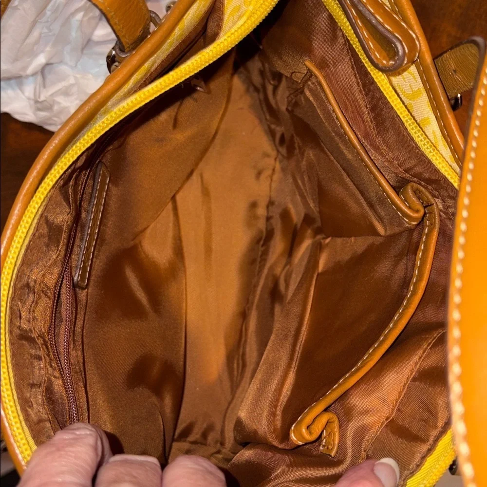 Fossil satchel Crossbody bag fabric yellow print brown leather trim 3 compart